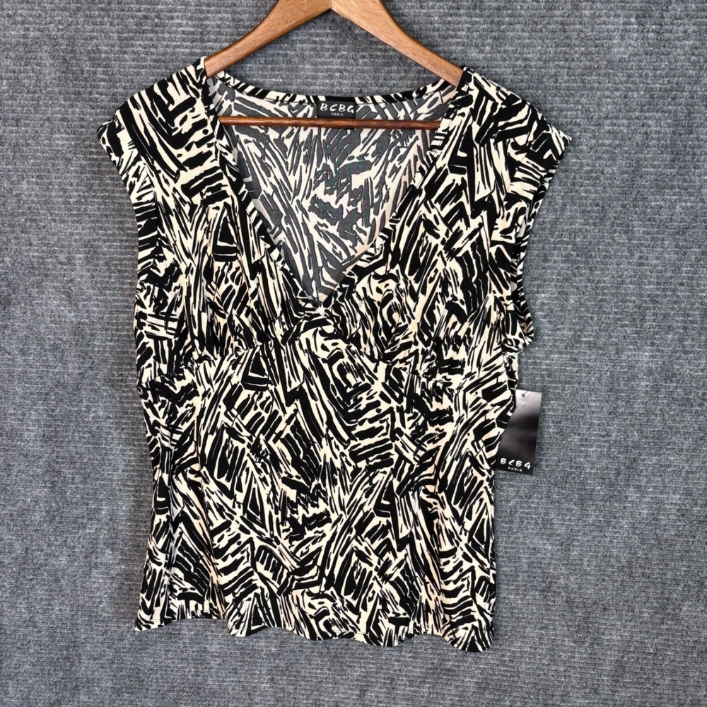BCBG Paris Womens XL Black White Abstract Print V-Neck Empire Waist Top NWT